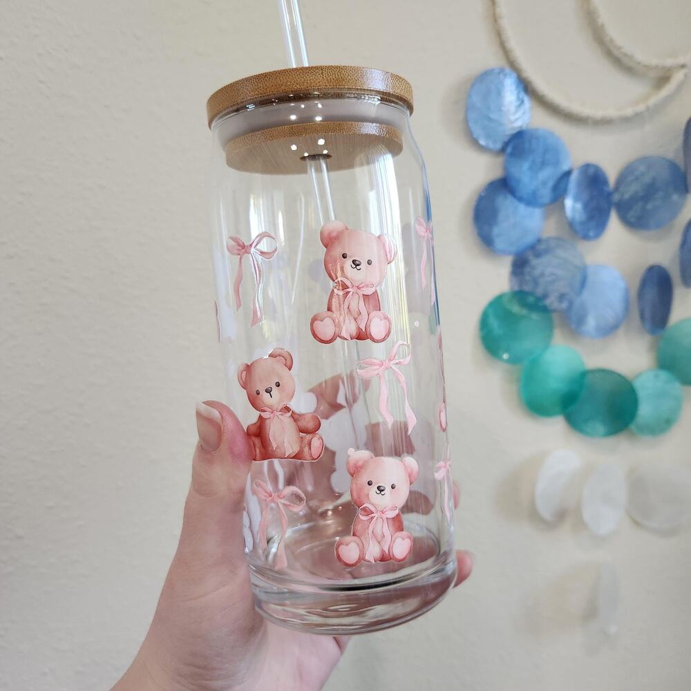 Coquette Cute Teddy Bear Pink Bows 20 oz Glass Tumbler Cup Bamboo Girly Ribbon